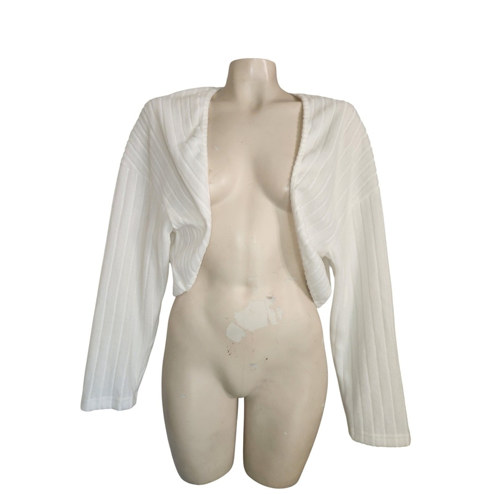 White Ribbed Long Sleeve Cropped Top Drop Shoulder Knit Shirt Womens Small